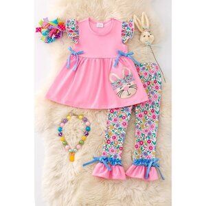 Easter Bunny applique on pink tunic & colorful floral printed pants. OFG50278 JE